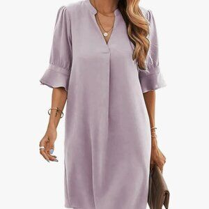 Famulily V Neck Puff Sleeve Solid Loose Fit Casual Summer Flowy Shirt Dress